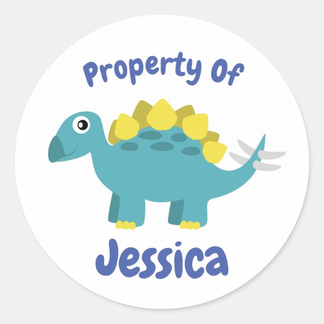 Cartoon Dinosaur Stegosaurus Kids Name Label (Front)