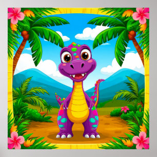 Cartoon Dinosaur Tropical Jungle Wall Art For Kids