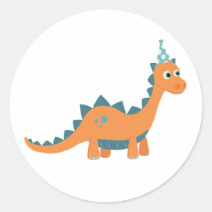 Cartoon dinosaur wearing birthday party hat classic round sticker