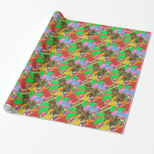 Cartoon Dinosaurs by the Christmas Tree Wrapping Paper