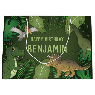 Cartoon Dinosaurs Cute Green Kid's Happy Birthday Large Gift Bag
