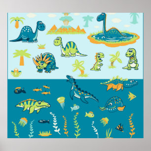 Cartoon Dinosaurs: Land & Sea Set Poster