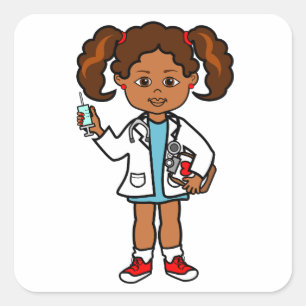 Cartoon Doctor Girl with Big Needle Square Sticker