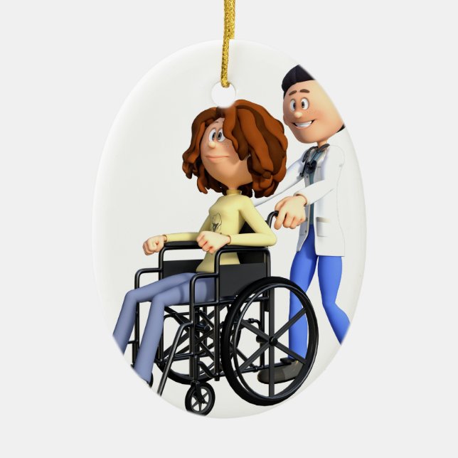 Cartoon Doctor Wheeling Patient In Wheelchair Ceramic Tree Decoration (Front)