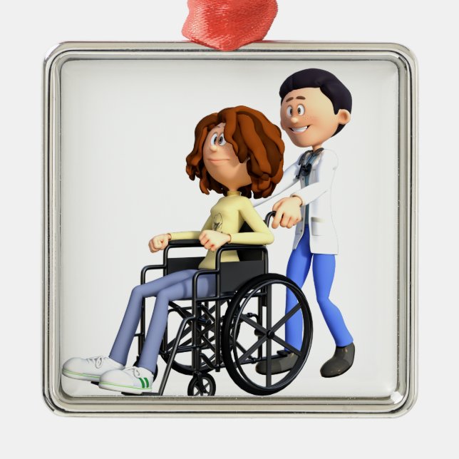 Cartoon Doctor Wheeling Patient In Wheelchair Metal Tree Decoration (Front)