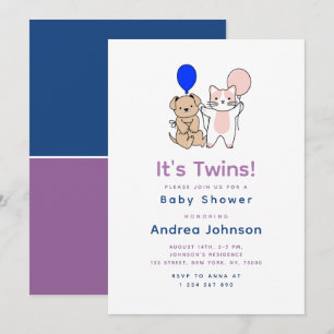 Cartoon Dog Cat Pink Blue Balloon Twin Baby Shower Invitation