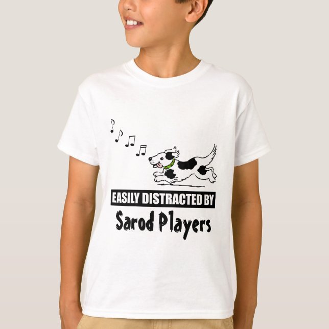 Cartoon Dog Easily Distracted by Sarod Players T-Shirt (Front)