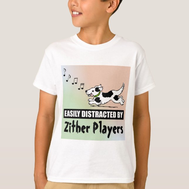 Cartoon Dog Easily Distracted by Zither Players T-Shirt (Front)