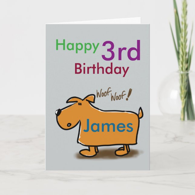 Cartoon dog happy 3rd birthday name card (Front)