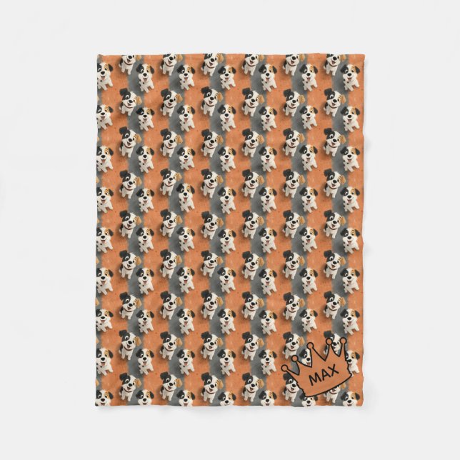 Cartoon Dog Pattern on Orange – Customizable  Fleece Blanket (Front)