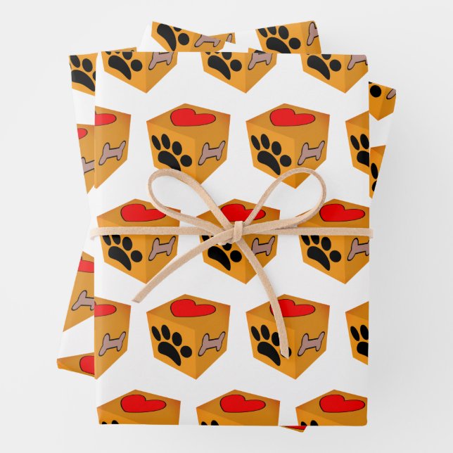 Cartoon Dog Paw Heart And Bone Wrapping Paper Sheet (In situ)