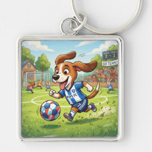 Cartoon Dog Playing Soccer or Football Key Ring