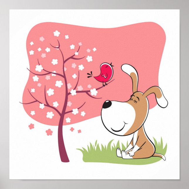 Cartoon Dog Puppy Bird Bloom Flower Pink Spring Poster (Front)