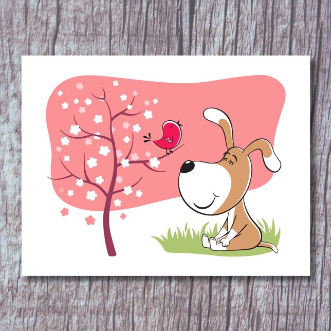 Cartoon Dog Puppy Bird Blossom Pink Flower Tree Postcard (Creator Uploaded)