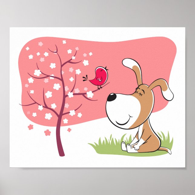 Cartoon Dog Puppy Bird Flower Blooming Pink Spring Poster (Front)