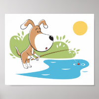 Cartoon Dog Puppy Fishing Sun Lake