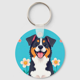 Cartoon Dog Surrounded by Flowers Key Ring