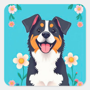 Cartoon Dog Surrounded by Flowers Square Sticker
