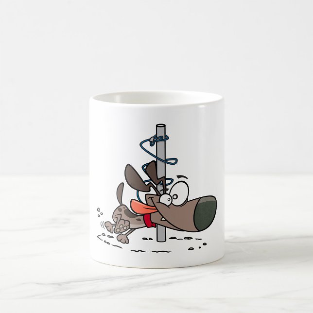Cartoon Dog Tangled Around Pole with Leash Coffee Mug (Creator Uploaded)