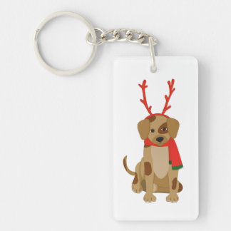Cartoon Dog wearing Antlers and Scarf Key Ring