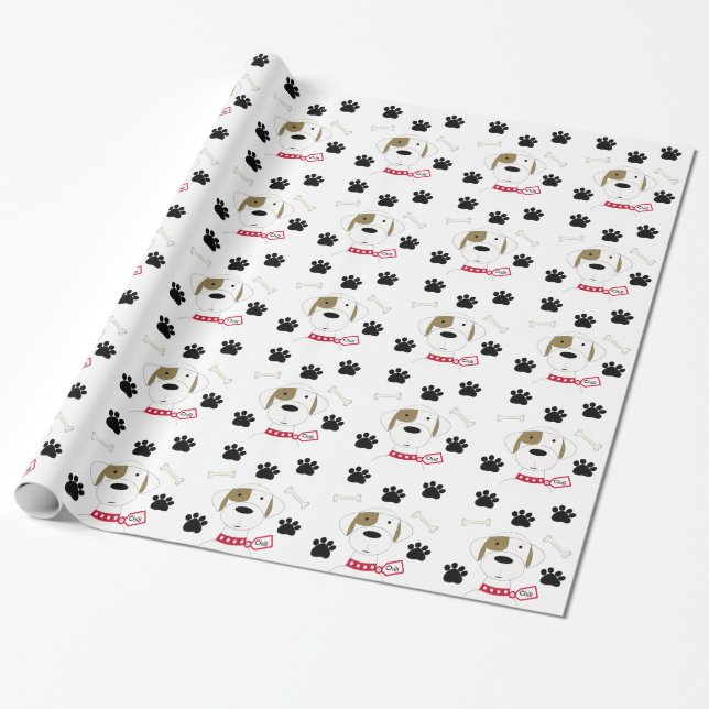Cartoon Dog with Paw Prints Wrapping Paper (Unrolled)