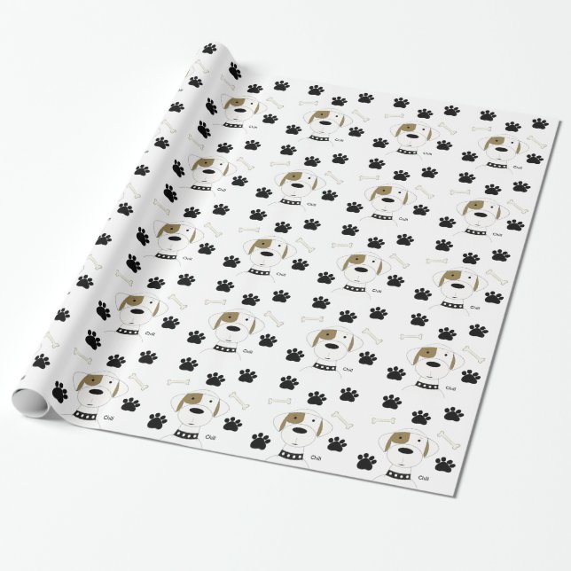 Cartoon Dog with Paw Prints Wrapping Paper (Unrolled)