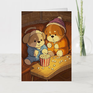 Cartoon dogs puppies with popcorn foil greeting card