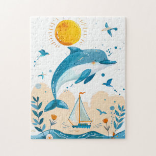Cartoon Dolphin Leaping out of Water Jigsaw Puzzle