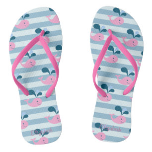 Cartoon Dolphins ,Light Blue Stripes-Personalised Flip Flops