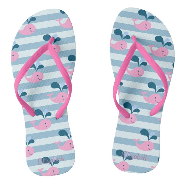 Cartoon Dolphins ,Light Blue Stripes-Personalised Flip Flops (Footbed)