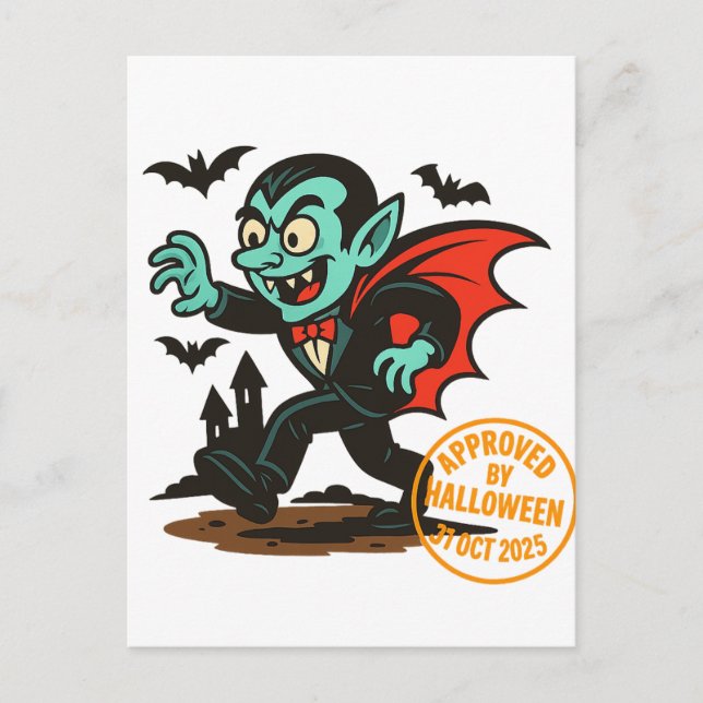 Cartoon Dracula Vampire – Approved by Halloween Postcard (Front)