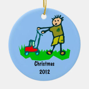 Cartoon Drawing Man Mowing Grass Ceramic Tree Decoration