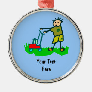 Cartoon Drawing Man Mowing Grass Metal Tree Decoration