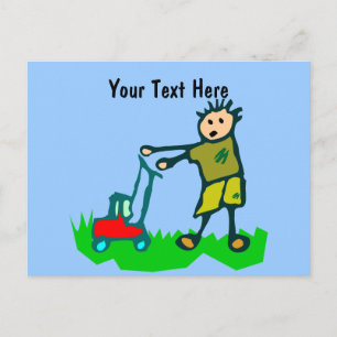 Cartoon Drawing Man Mowing Grass Postcard