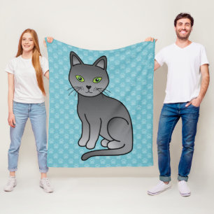 Cartoon Drawing Of A Beautiful Russian Blue Cat Fleece Blanket