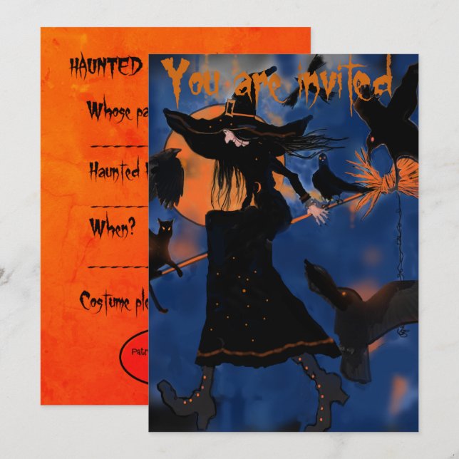 Cartoon Drawing of Halloween Witch on Broom Invitation (Front/Back)