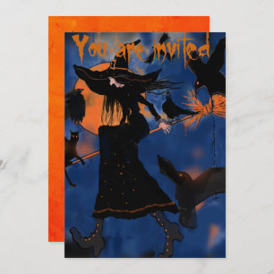 Cartoon Drawing of Halloween Witch on Broom Invitation