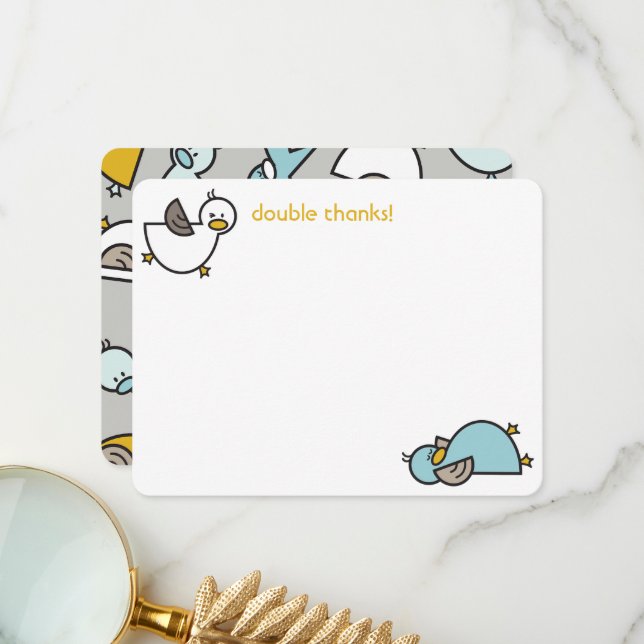 Cartoon Ducks/Ducklings Twins Baby Shower/Birth Thank You Card (Front/Back In Situ)