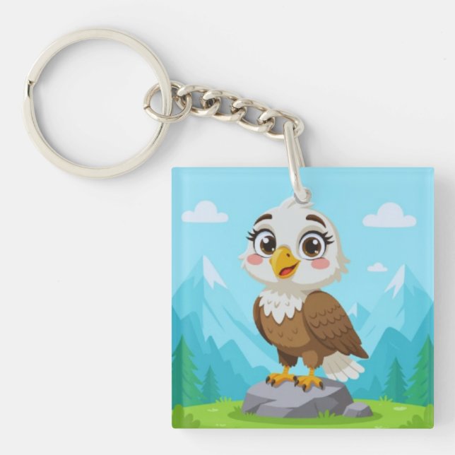 Cartoon Eagle on Rock – Cute Vector Character Key Ring (Front)