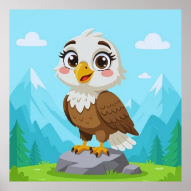 Cartoon Eagle on Rock – Cute Vector Character Poster (Front)