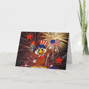 Cartoon Eagle with Flag and Fireworks (Textured) Card