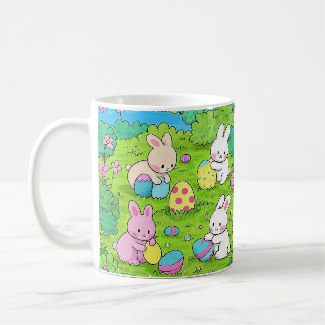Cartoon Easter Bunnies and colourful eggs Coffee Mug (Left)