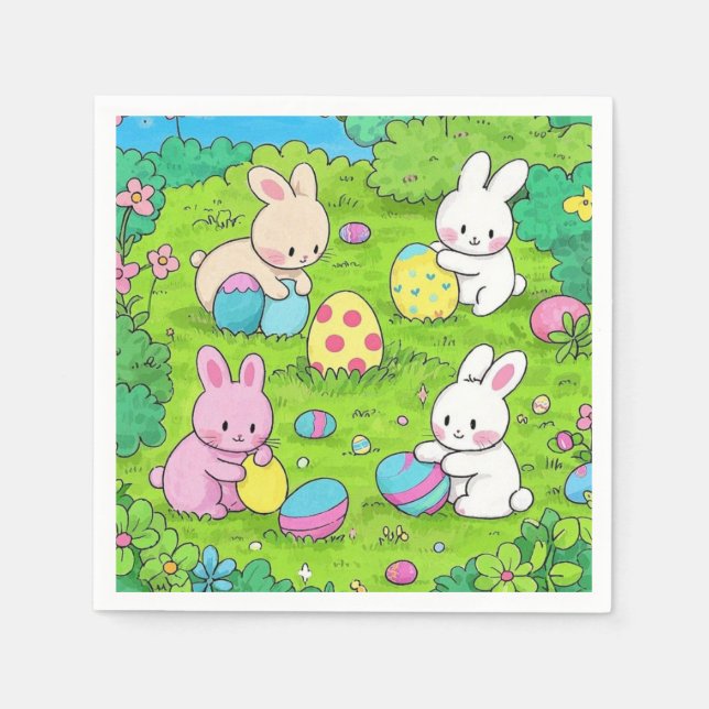 Cartoon Easter Bunnies and colourful eggs Napkin (Front)