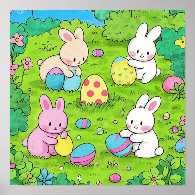 Cartoon Easter Bunnies and colourful eggs Poster (Front)