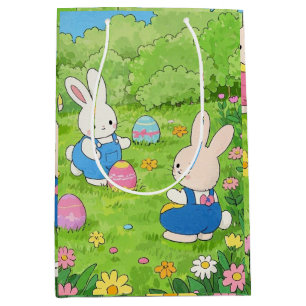 Cartoon Easter bunnies hiding eggs in a garden Medium Gift Bag