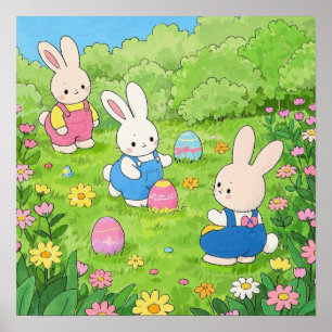 Cartoon Easter bunnies hiding eggs in a garden Poster