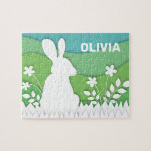 Cartoon easter bunny, flowers and butterfly jigsaw puzzle