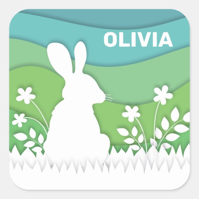 Cartoon easter bunny in green spring nature  square sticker (Front)
