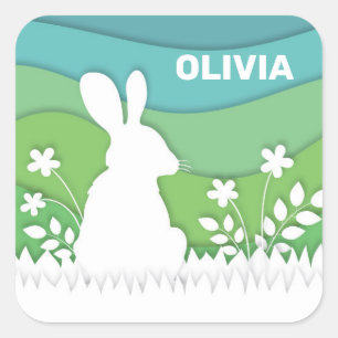 Cartoon easter bunny in green spring nature square sticker