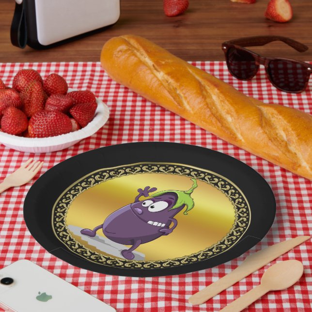 Cartoon eggplant with big eyes green hair 2 paper plate (Picnic)